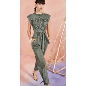Ulla Johnson Adair Belted Acid Wash Sleeveless Denim Jumpsuit Army Green size 4